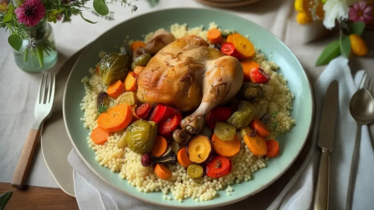 The Ultimate Chicken Couscous Recipe: A Delicious and Nutritious Meal 8 A detailed shot focusing on Moroccan-spiced chicken couscous, emphasizing the blend of spices and ingredients