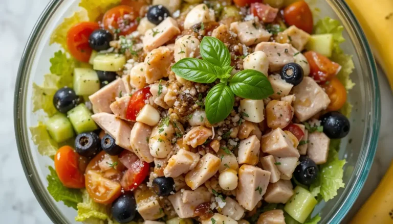 The Ultimate Sub in a Tub Recipe: A Delicious, Low-Carb Twist on a Classic Sandwich 6 Colorful Sub in a Tub Recipe bowl with sliced turkey, fresh lettuce, tomatoes, cucumbers, olives, and melted mozzarella, drizzled with Italian dressing