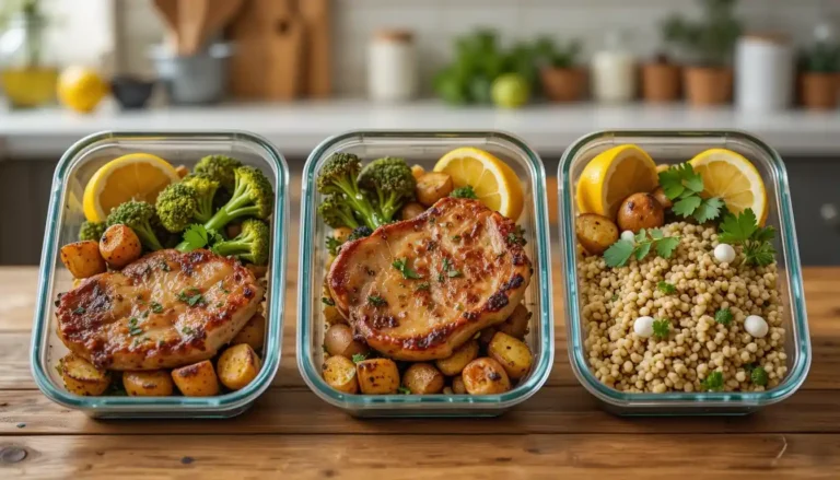 Ultimate Pork Chop Meal Prep Guide: Easy, Flavorful Recipes for Busy Weeknights 3 Juicy pan-seared pork chops with roasted garlic parmesan vegetables and cilantro-lime quinoa in meal prep containers