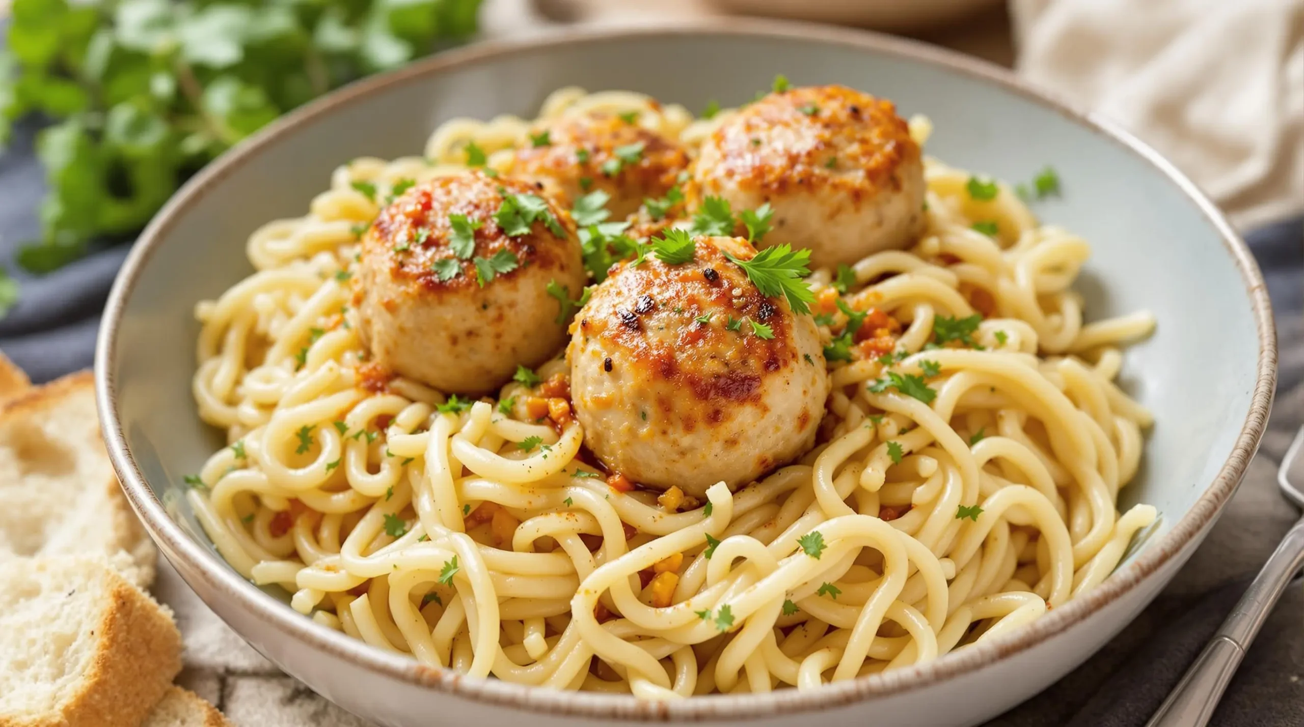 Chicken Meatball Orzo the Original Dish in a bowl with fresh herbs and a side of crusty bread