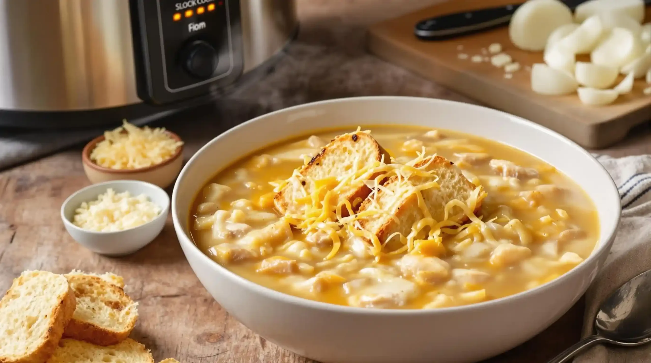 Chicken French Onion Soup Slow Cooker in a bowl with melted cheese and a side of crusty bread