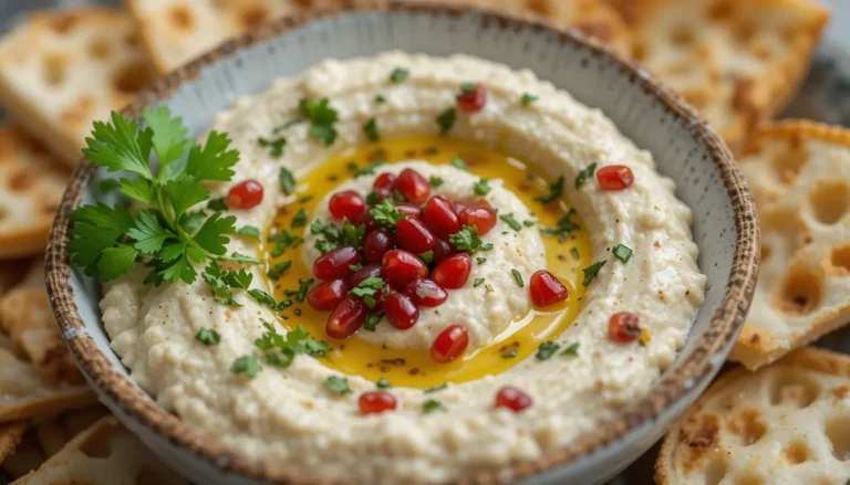 Baba Ganoush Recipe Lebanese: A Delicious Middle Eastern Delight 5 A bowl of creamy baba ganoush garnished with chopped parsley and pomegranate seeds, served with pita bread