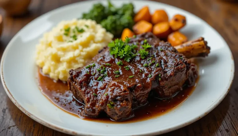 The Ultimate Guide to Cooking Beef Short Ribs Recipe Seasoned with Oxtail Seasoning 6 Cooking Beef Short Ribs Recipe Seasoned with Oxtail Seasoning: Tender beef short ribs served on a plate, garnished with fresh herbs and accompanied by mashed potatoes