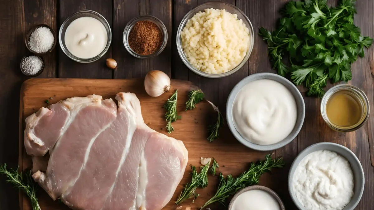 Ingredients for smothered pork chops including pork chops, onions, garlic, chicken broth, and spices. Ingredients for smothered pork chops including pork chops, onions, garlic, chicken broth, and spices.