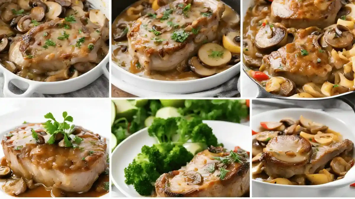 Variations of smothered pork chops with added vegetables and herbs Variations of smothered pork chops with added vegetables and herbs