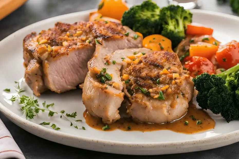 Plated stuffed pork chops served with vegetables