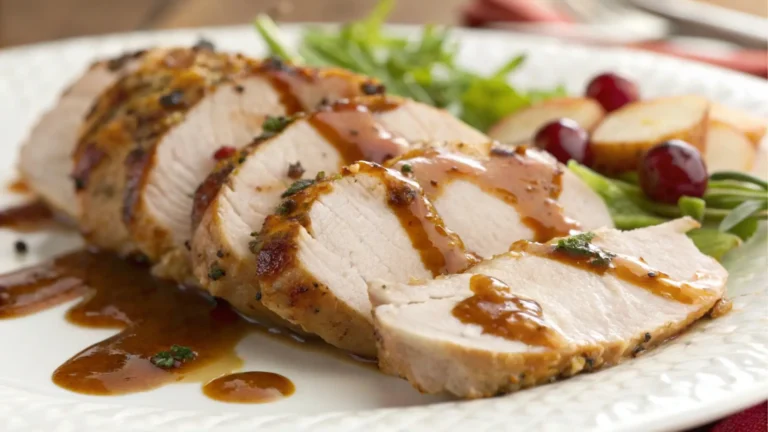 turkey loin recipe​: Juicy turkey loin drizzled with sauce, ready to be served