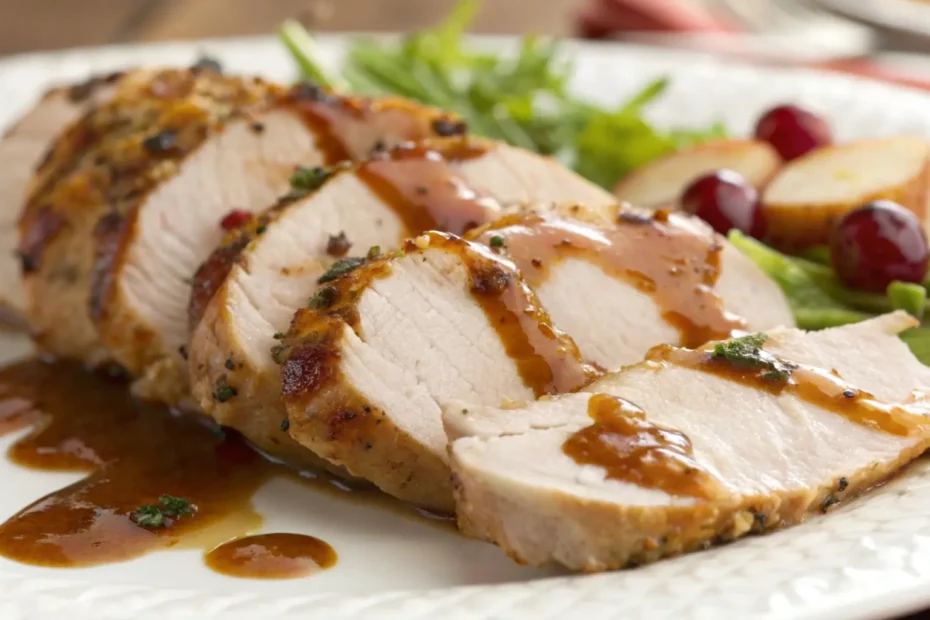 turkey loin recipe​: Juicy turkey loin drizzled with sauce, ready to be served