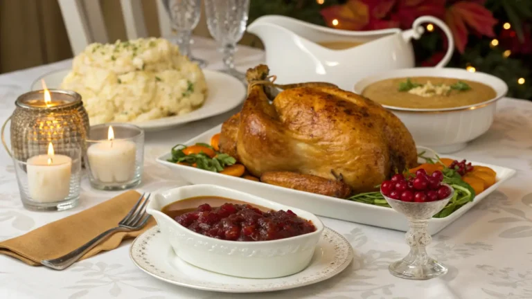 Fried turkey recipe: Fried turkey served with sides like mashed potatoes and cranberry sauce