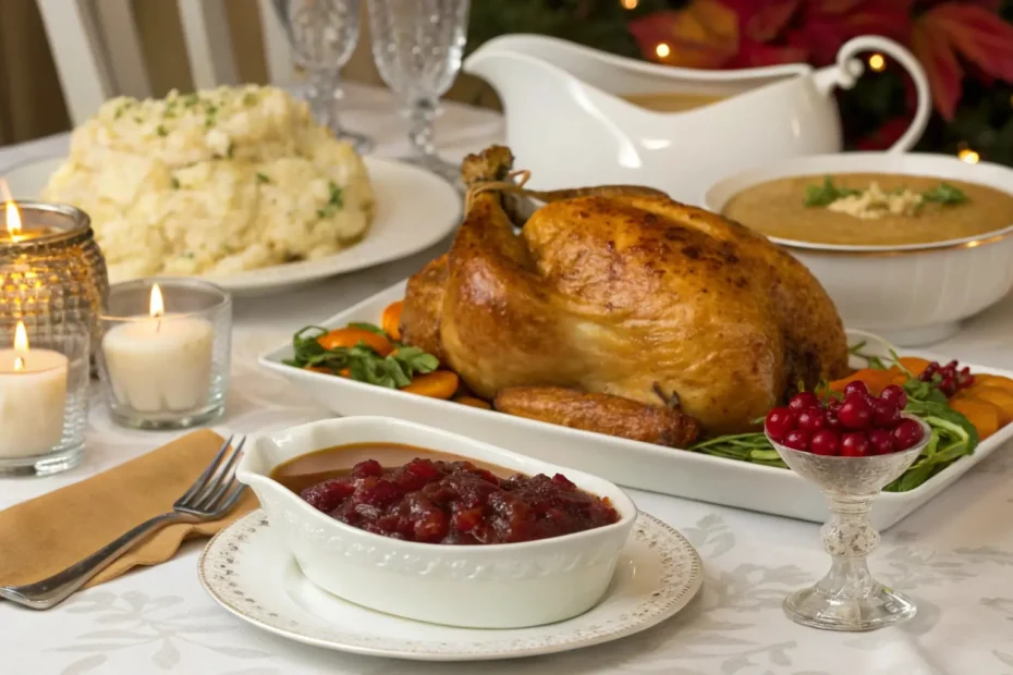 Fried turkey recipe: Fried turkey served with sides like mashed potatoes and cranberry sauce