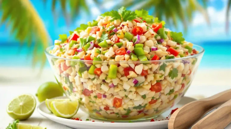The Ultimate Guide to Conch Salad: A Fresh and Flavorful Delight 9 A vibrant serving of Bahamian conch salad, showcasing the fresh conch meat mixed with colorful vegetables and citrus juices.