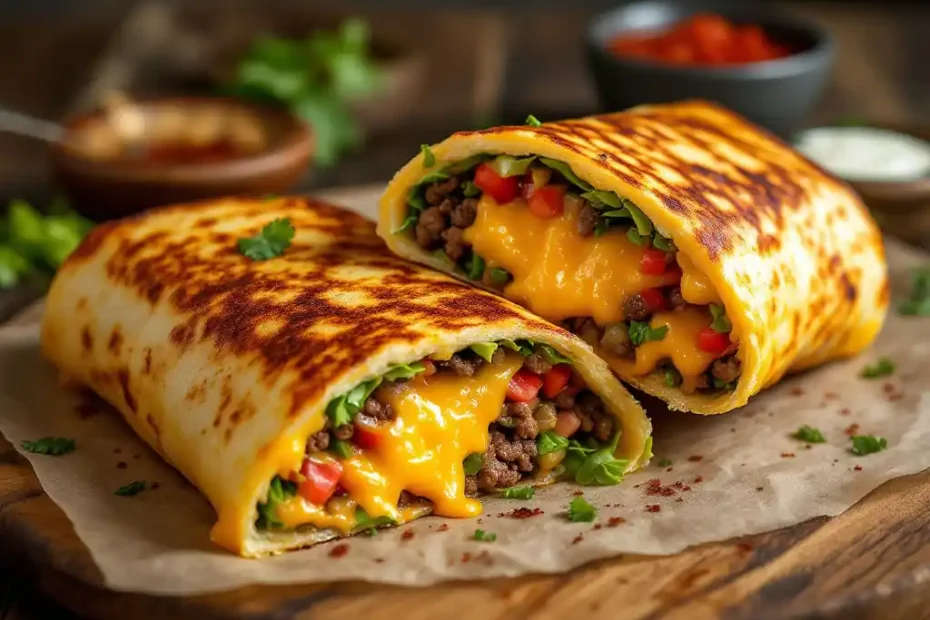 A delicious grilled cheese burrito with golden, crispy edges and melted cheese oozing out.