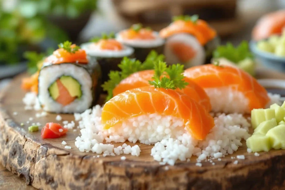 Salmon sushi rolls prepared at home, showcasing fresh salmon, rice, and seaweed.