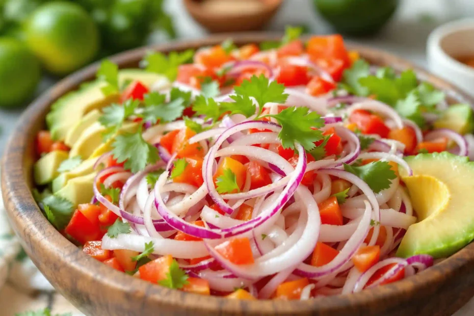 A colorful cebolla ensalada with onions, vinegar, and fresh vegetables.