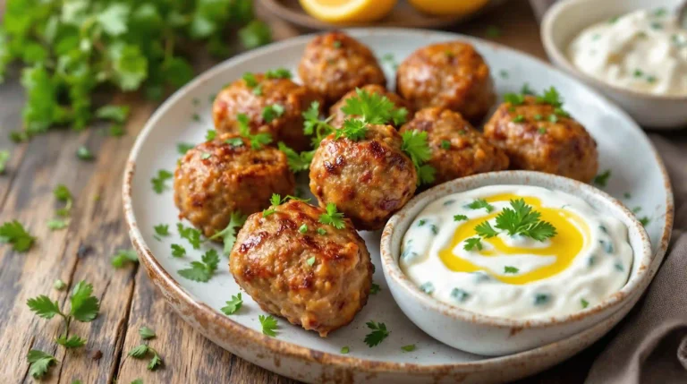 Greek Lamb Meatballs: A Mediterranean Delight 6 Delicious Greek Lamb Meatballs garnished with herbs, served with a side of tzatziki sauce.