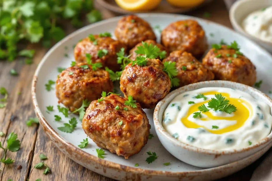 Delicious Greek Lamb Meatballs garnished with herbs, served with a side of tzatziki sauce.