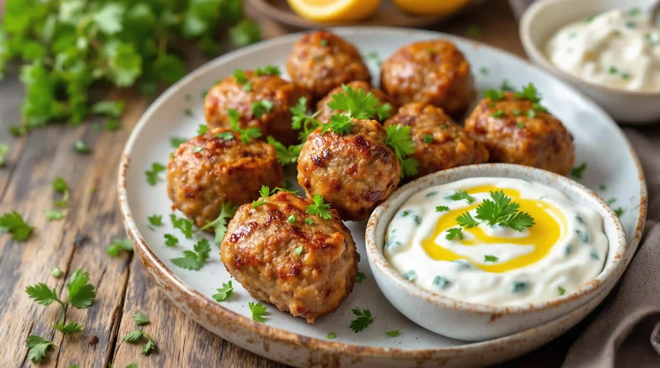Greek Lamb Meatballs: A Mediterranean Delight 1 Delicious Greek Lamb Meatballs garnished with herbs, served with a side of tzatziki sauce.