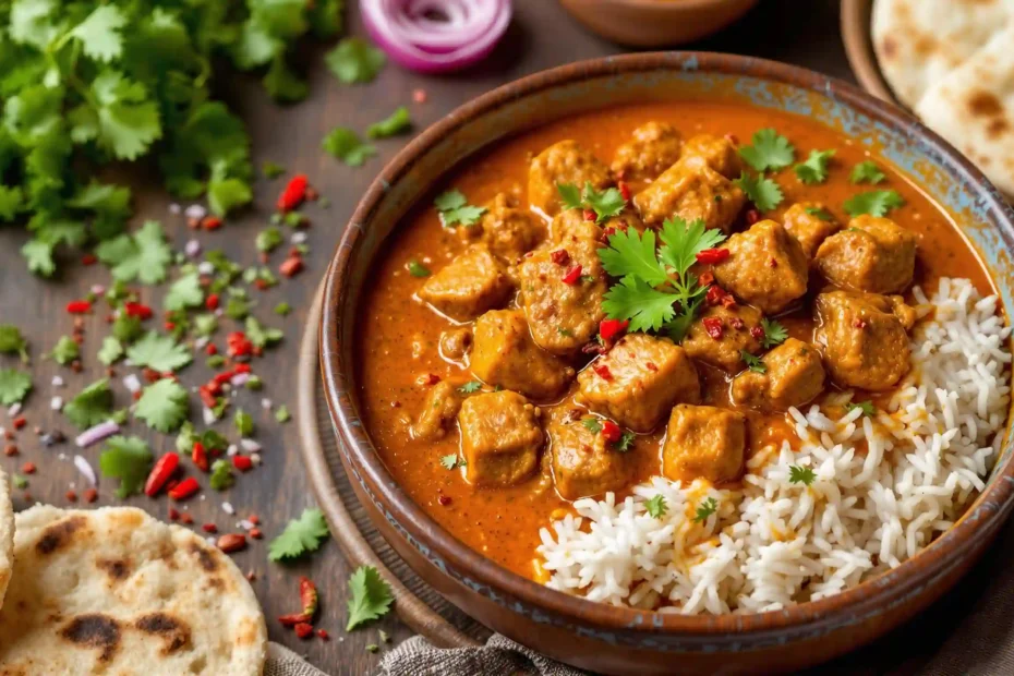 A bowl of delicious lamb curry served with rice and naan bread.