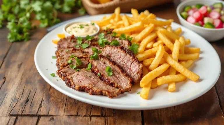 Lamb Shawarma with Fries: A Flavorful Journey into Middle Eastern Delights 3 Lamb Shawarma with Fries served on a plate with fresh vegetables and creamy sauce