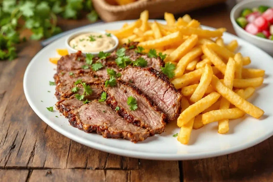 Lamb Shawarma with Fries served on a plate with fresh vegetables and creamy sauce