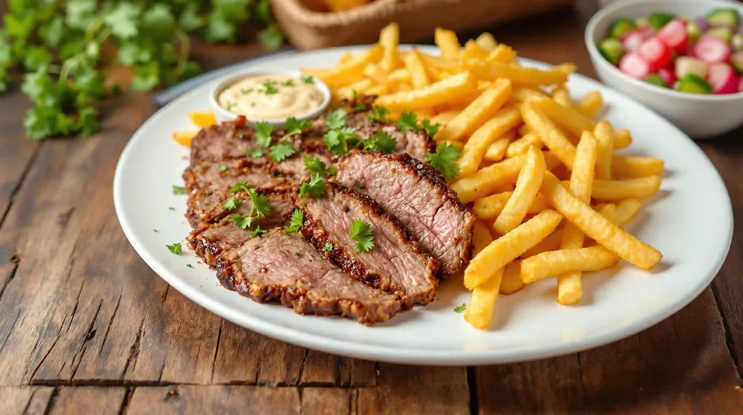 Lamb Shawarma with Fries: A Flavorful Journey into Middle Eastern Delights 1 Lamb Shawarma with Fries served on a plate with fresh vegetables and creamy sauce