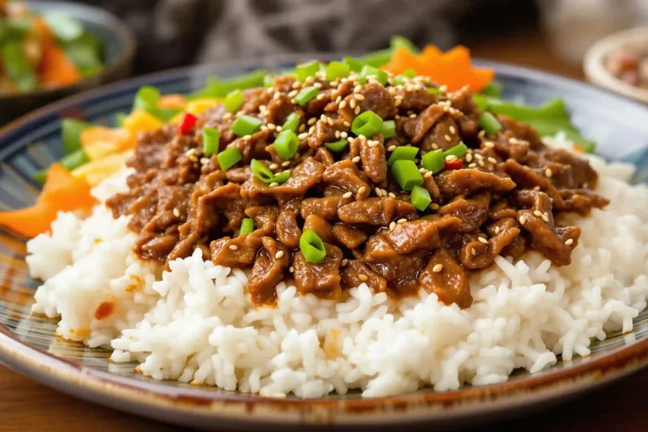 Ground beef bulgogi recipe served with rice and vegetables