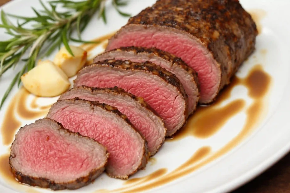 Perfectly cooked beef bottom round roast sliced and plated