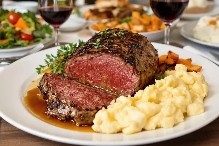 A beautifully set dinner table featuring a beef rib eye roast as the centerpiece