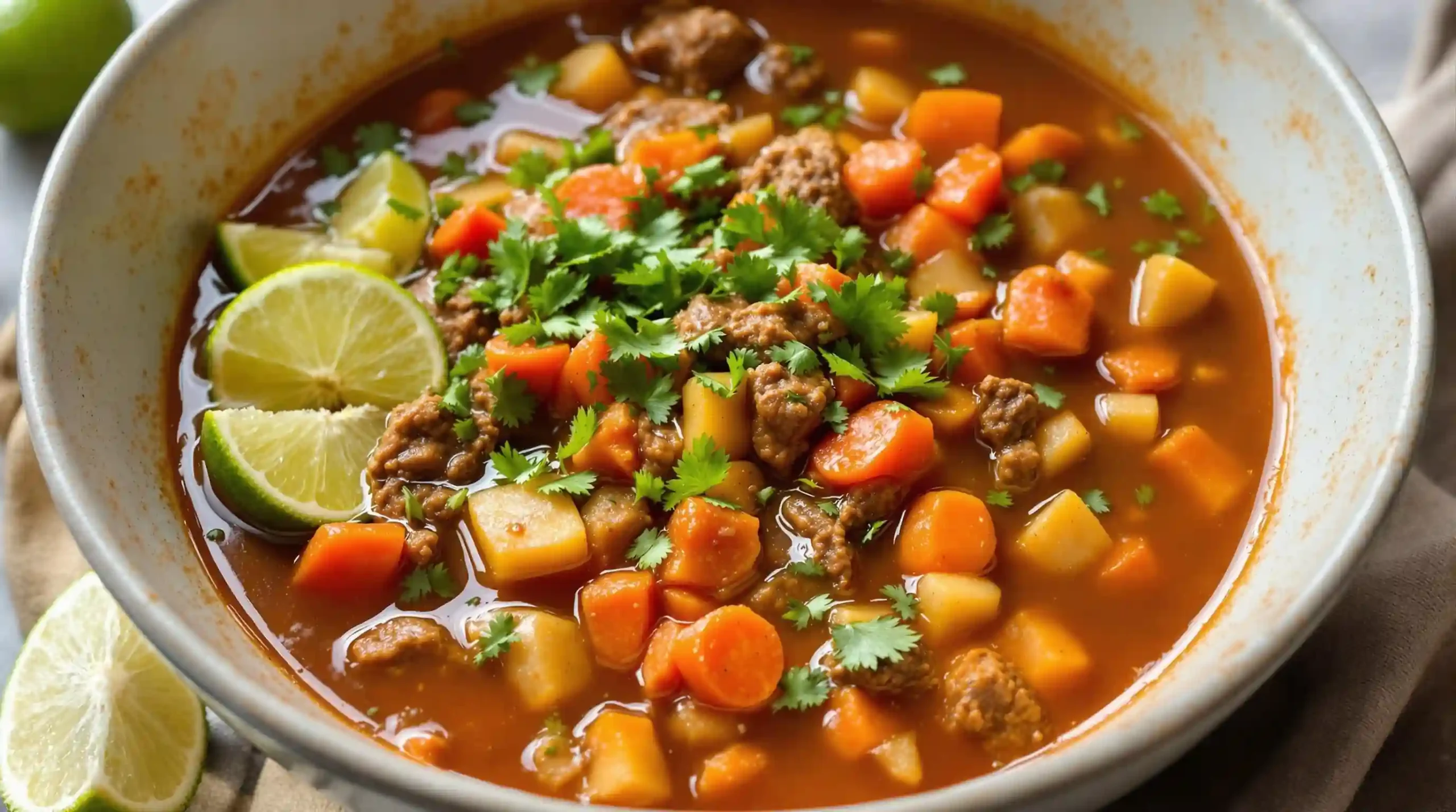 Mexican Beef Stew: A Flavorful Journey to Comfort Food Heaven 1 A hearty bowl of Mexican beef stew garnished with fresh cilantro and lime wedges, showcasing vibrant colors and textures
