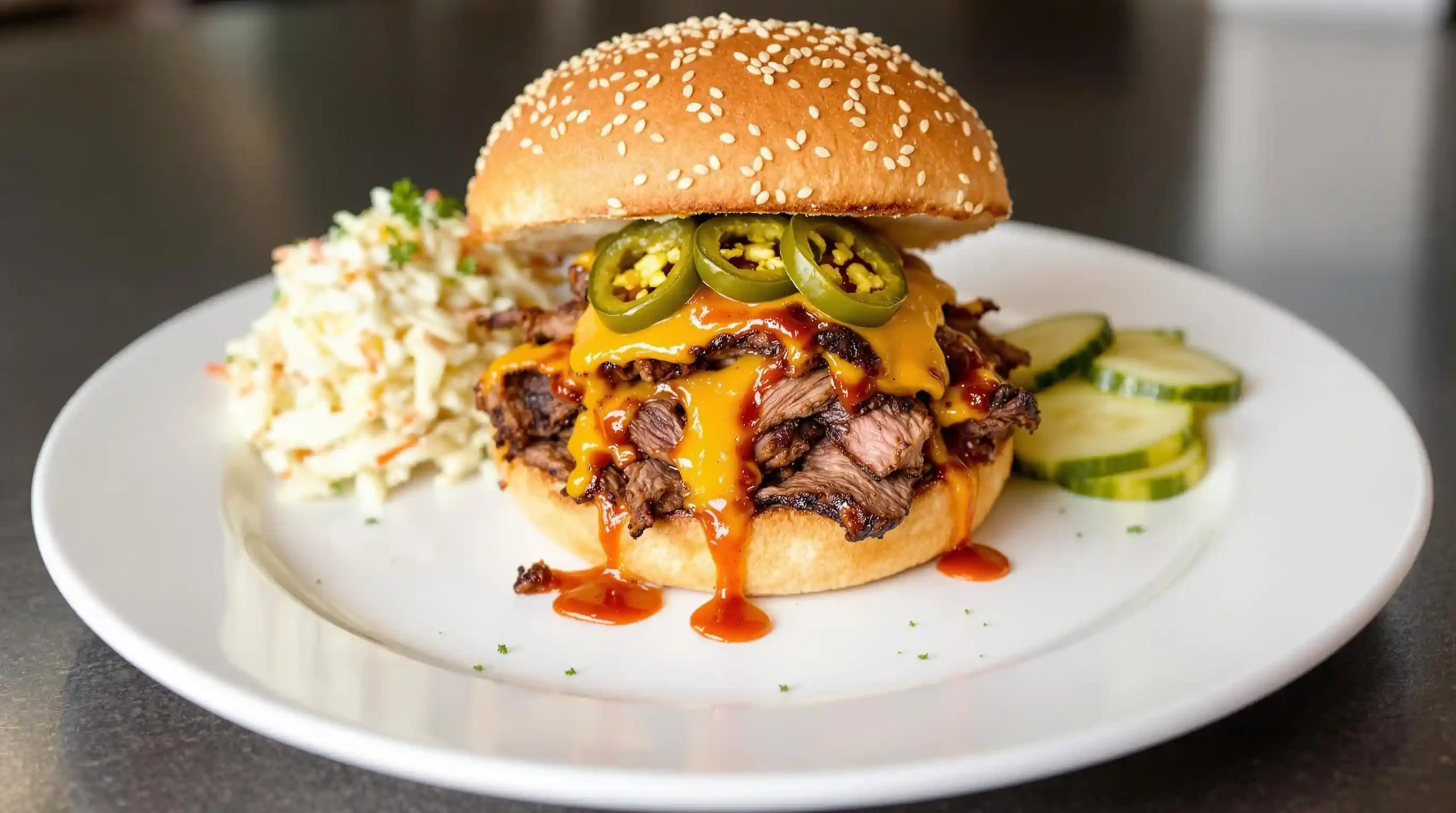 A beautifully plated beef brisket sandwich with coleslaw and pickles on the side.