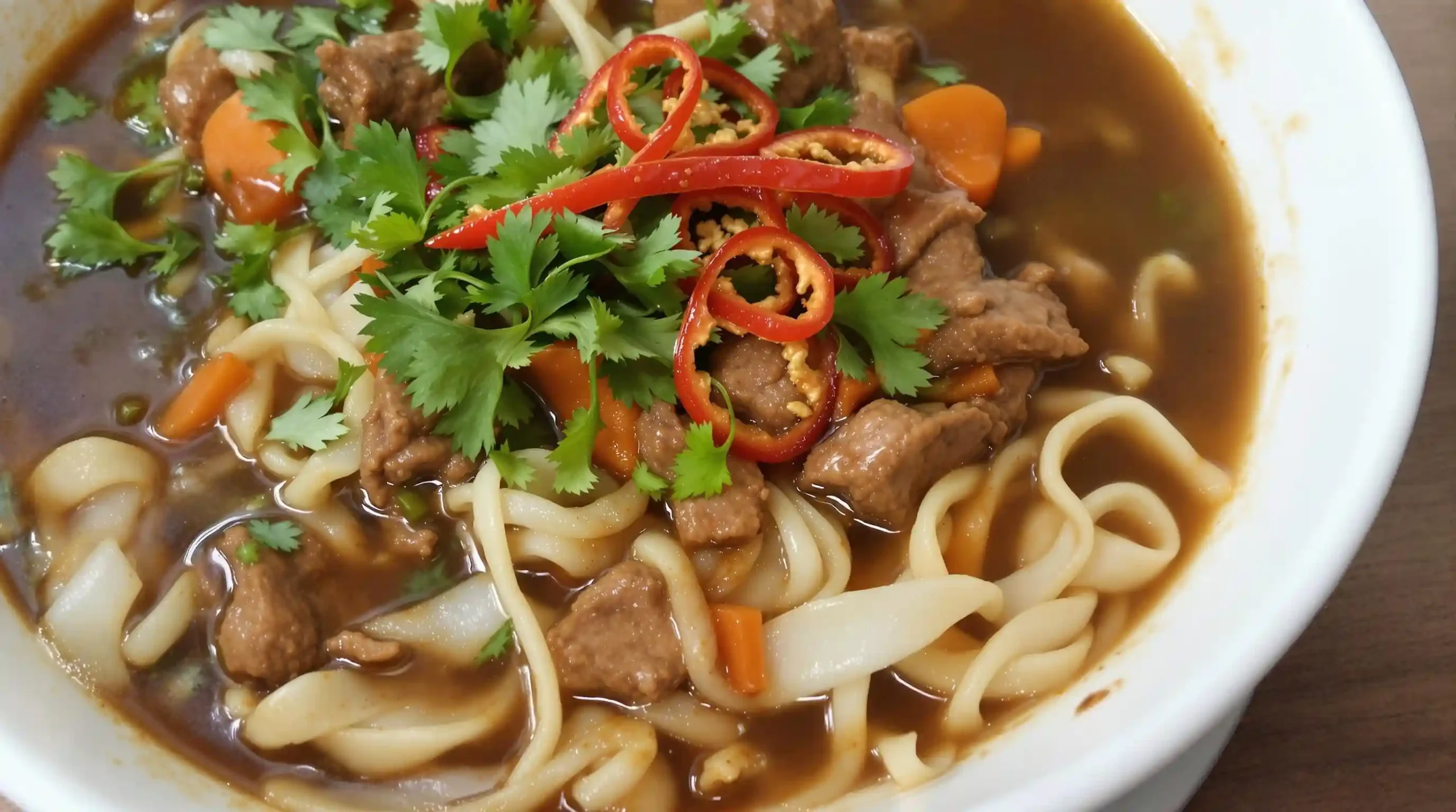 Braised Beef Noodle Soup: A Hearty Comfort Food Delight 1 A steaming bowl of braised beef noodle soup garnished with fresh herbs