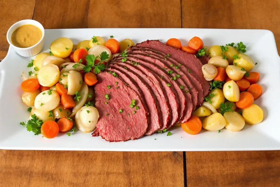 Delicious Dutch oven corned beef served with vegetables