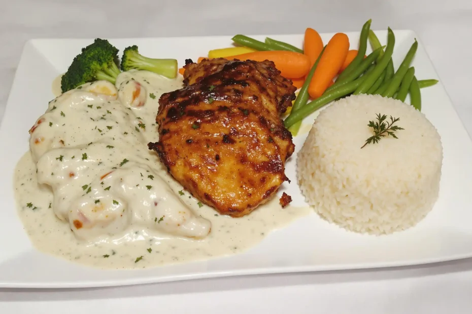 Plate of forgotten chicken served with rice and steamed vegetables