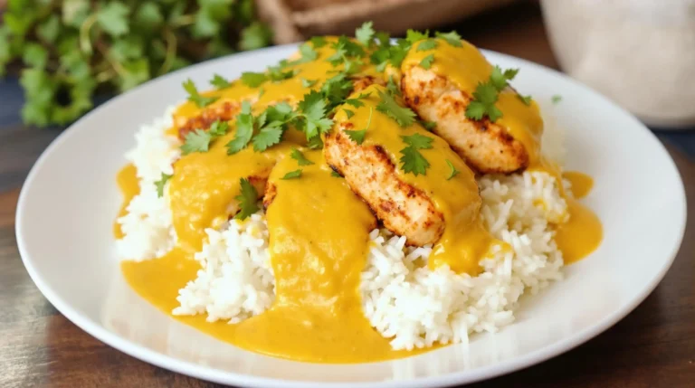 Delicious Churu Chicken Amarillo recipe served with rice and garnished with fresh cilantro