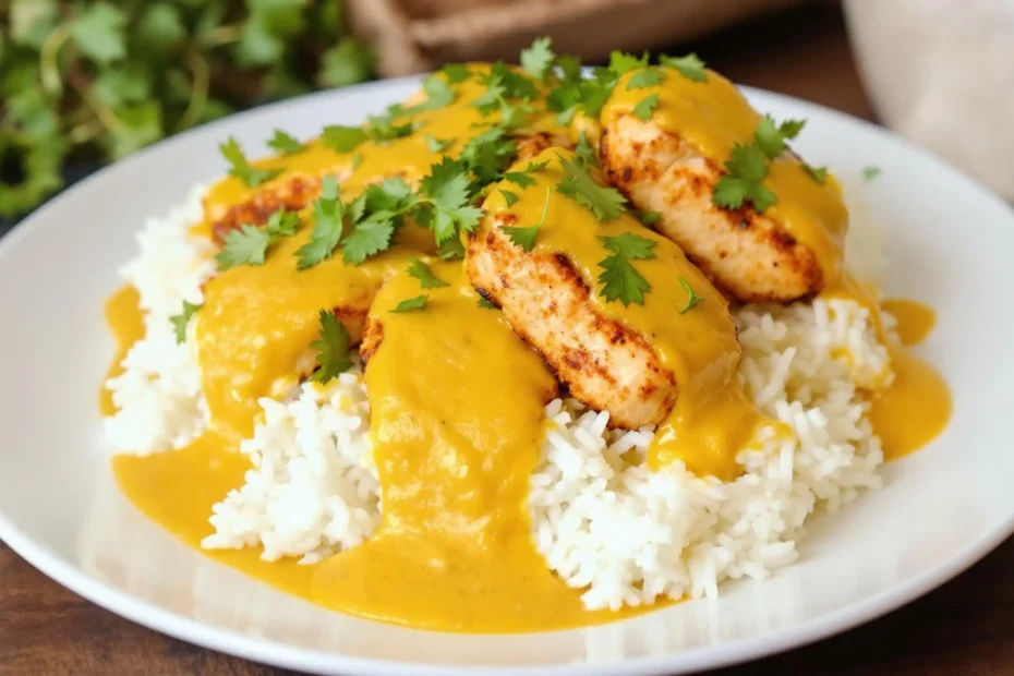 Delicious Churu Chicken Amarillo recipe served with rice and garnished with fresh cilantro