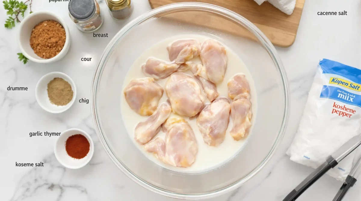 Ingredients for kettle fried chicken including chicken, buttermilk, and spices. Ingredients for kettle fried chicken including chicken, buttermilk, and spices.