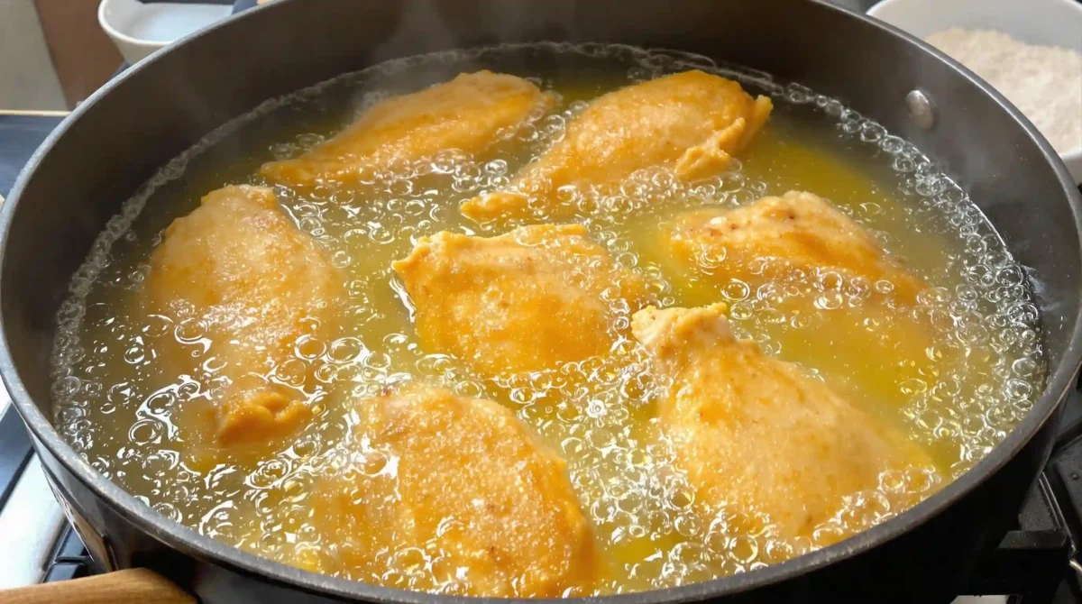 Kettle fried chicken frying in hot oil. Kettle fried chicken frying in hot oil.