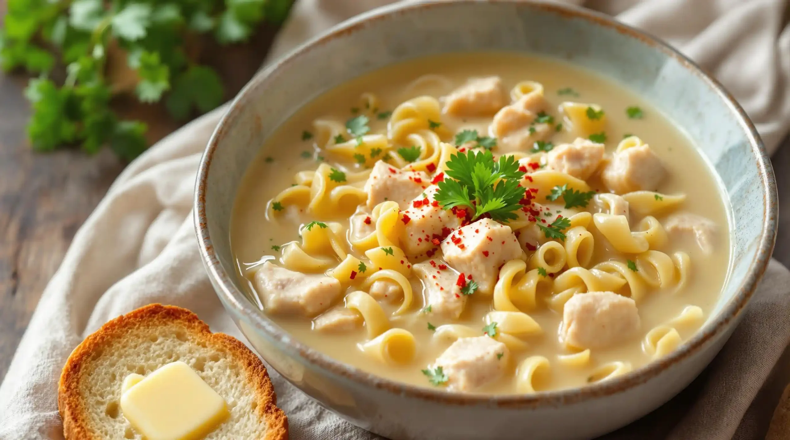 Crack Chicken Noodle Soup: The Ultimate Comfort Food Recipe 1 Crack chicken noodle soup served with crusty bread on the side for a comforting meal