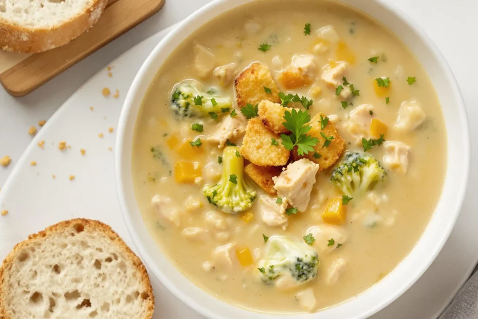 Creamy Chicken Broccoli Cheddar Soup in a bowl with a sprinkle of cheese on top