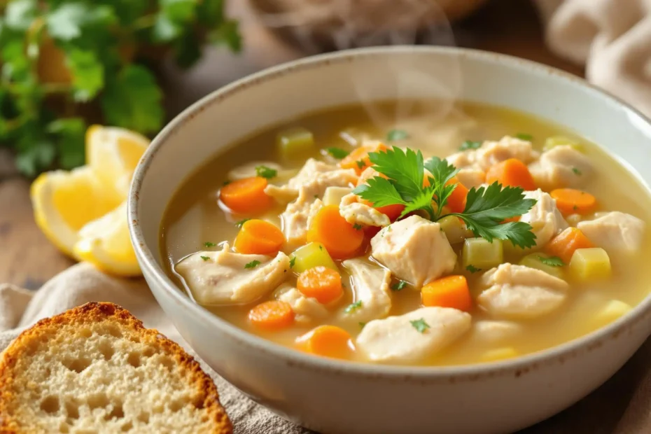 Grandma's Chicken Soup served with crusty bread on the side for a comforting meal.