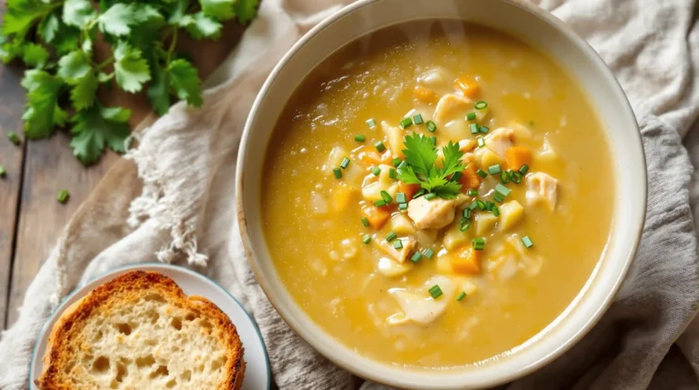 Deliciously Comforting Chicken Leek Soup: A Hearty Recipe for All Seasons 5 A bowl of chicken leek soup served with crusty bread