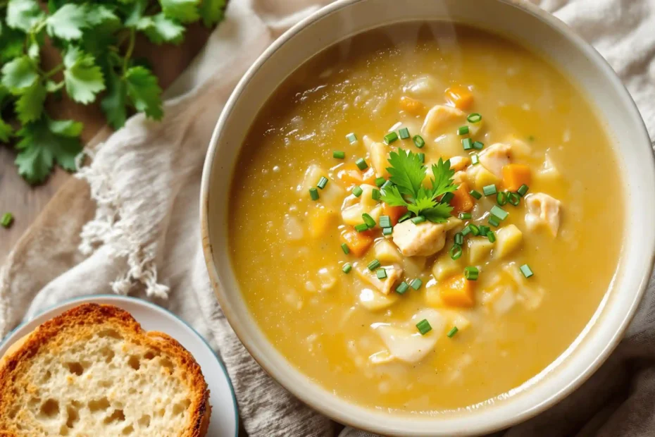 A bowl of chicken leek soup served with crusty bread