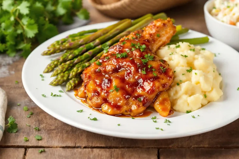 Delicious brown sugar BBQ chicken served on a plate, garnished with fresh herbs.