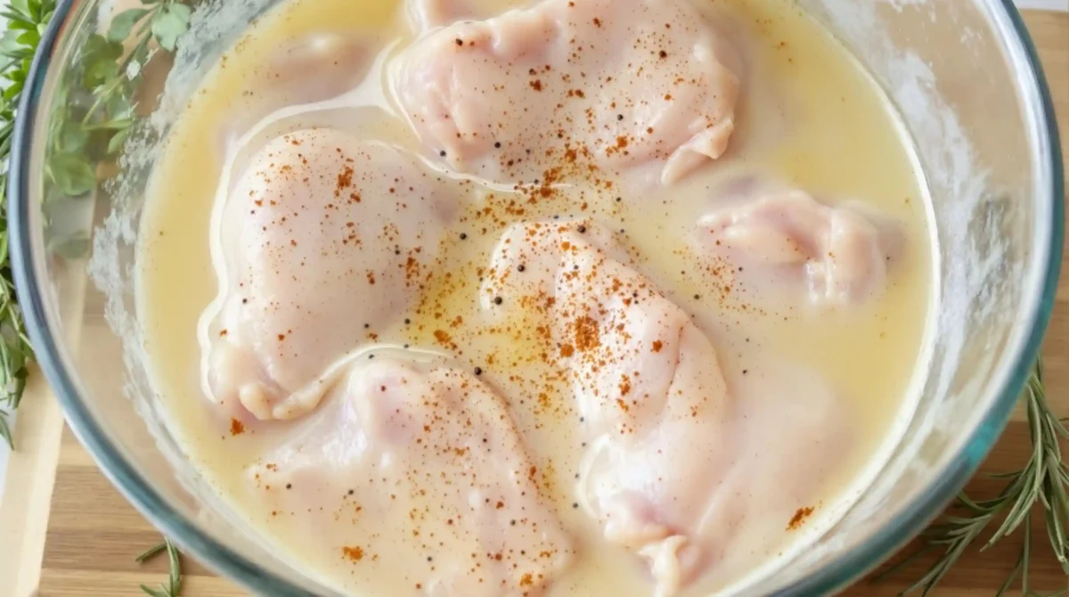Raw chicken thighs marinating in a buttermilk mixture with spices, ready to be transformed into crispy fried chicken for the innovative fried chicken ice cream recipe Raw chicken thighs marinating in a buttermilk mixture with spices, ready to be transformed into crispy fried chicken for the innovative fried chicken ice cream recipe