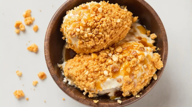 A delicious bowl of fried chicken ice cream topped with crispy fried chicken pieces and drizzled with hot honey, showcasing the unique blend of savory and sweet flavors
