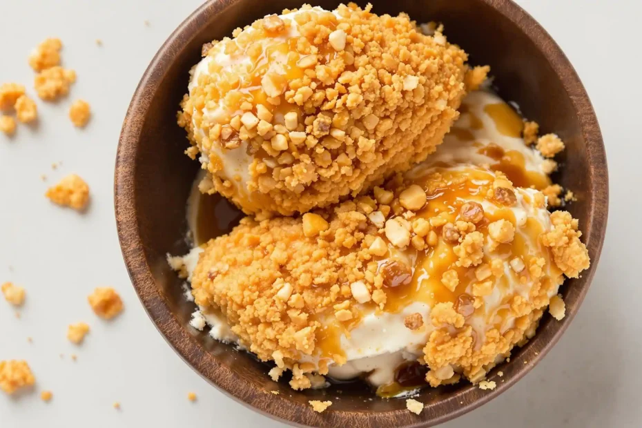 A delicious bowl of fried chicken ice cream topped with crispy fried chicken pieces and drizzled with hot honey, showcasing the unique blend of savory and sweet flavors