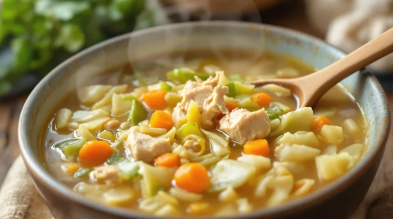 Delicious and Nutritious Chicken Cabbage Soup Recipe 7 chicken cabbage soup in a bowl, showcasing the ingredients.