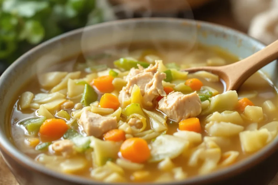 chicken cabbage soup in a bowl, showcasing the ingredients.