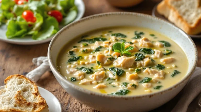 Delicious Chicken Florentine Soup: A Comforting Delight 3 A steaming bowl of Chicken Florentine Soup garnished with fresh spinach and parsley, showcasing its creamy texture
