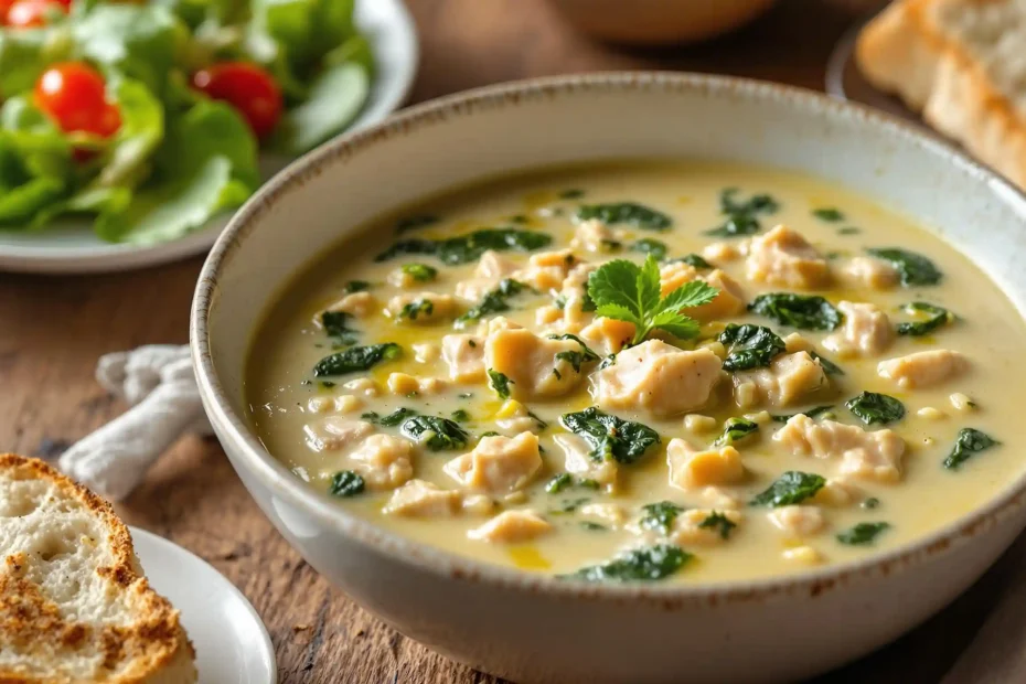 A steaming bowl of Chicken Florentine Soup garnished with fresh spinach and parsley, showcasing its creamy texture